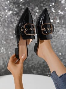 Eyelet & Buckle Decor Point Toe Flat Mules - Black - View 5