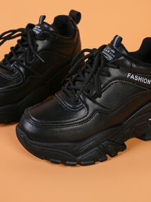 Letter Graphic Lace-up Front Wedge Sneakers - Black - View 4