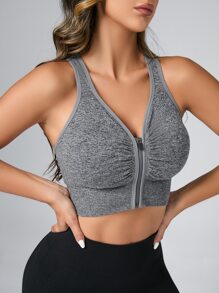 Easithlete Cut Out Back Ruched Zip Up Sports Bra - Grey - View 5