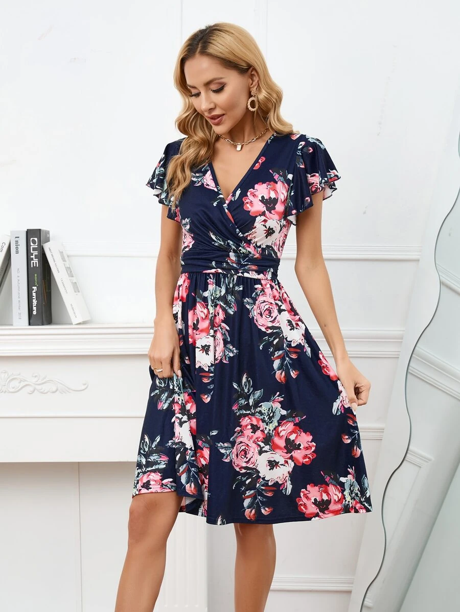 Floral Print Butterfly Sleeve Dress - Navy Blue - View 1
