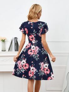 Floral Print Butterfly Sleeve Dress - Navy Blue - View 2
