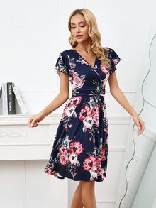 Floral Print Butterfly Sleeve Dress - Navy Blue - View 3