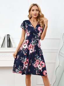 Floral Print Butterfly Sleeve Dress - Navy Blue - View 4