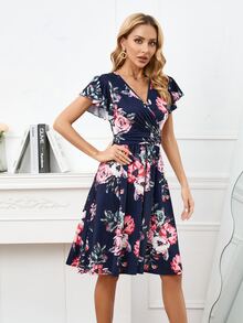 Floral Print Butterfly Sleeve Dress - Navy Blue - View 5