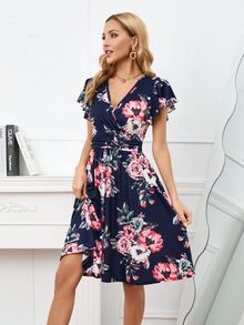 Floral Print Butterfly Sleeve Dress - Navy Blue - View 6