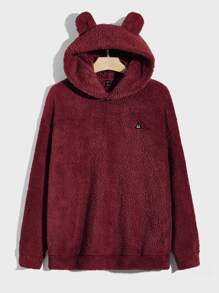 Manfinity Men 3D Ears Patched Teddy Hoodie - Maroon - View 1
