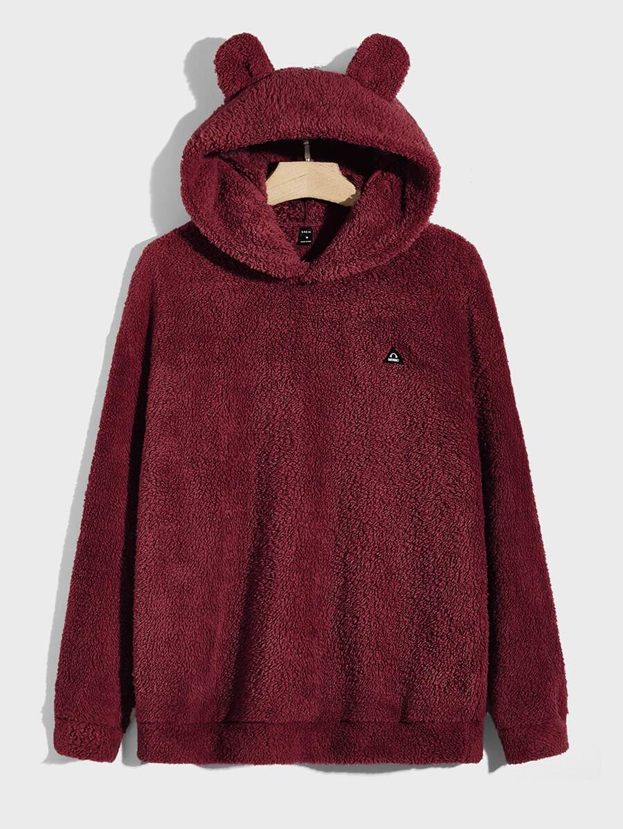 Manfinity Men 3D Ears Patched Teddy Hoodie - Maroon - View 1