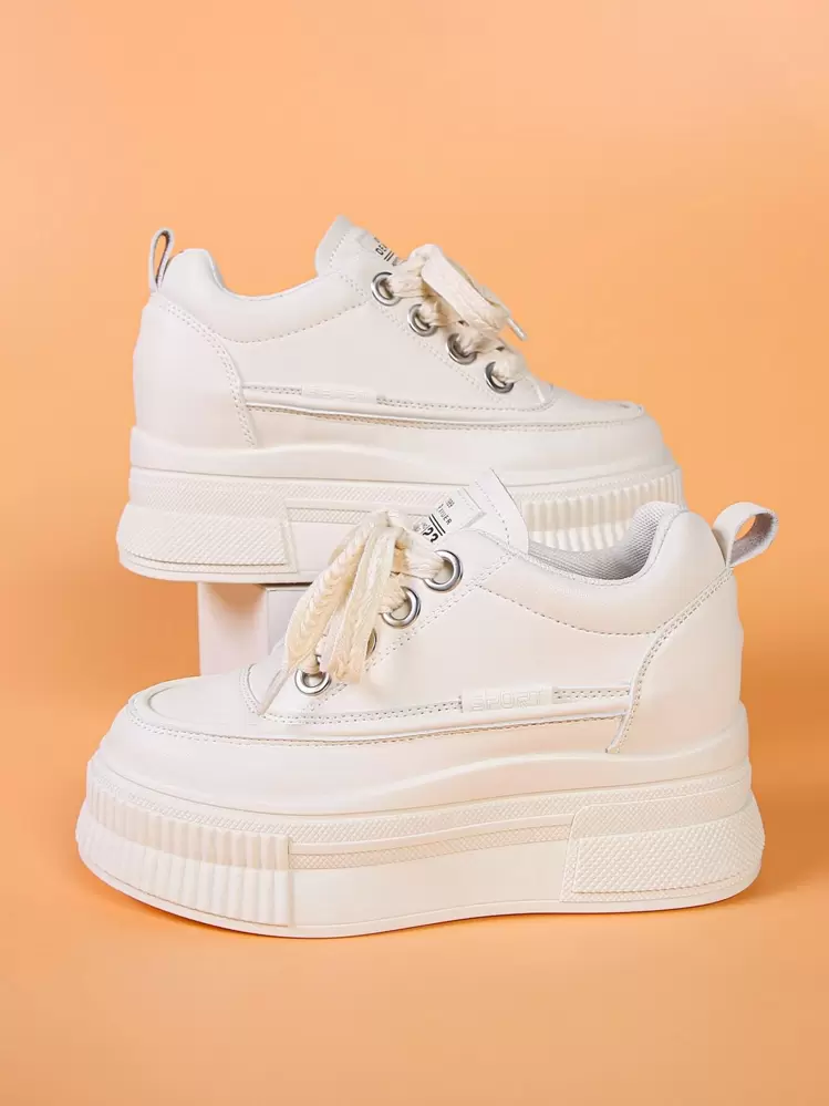 Scarpe Donna Sneakers A Rete Traspiranti Con Zeppa Nascosta | Tacco Stringato Plateau