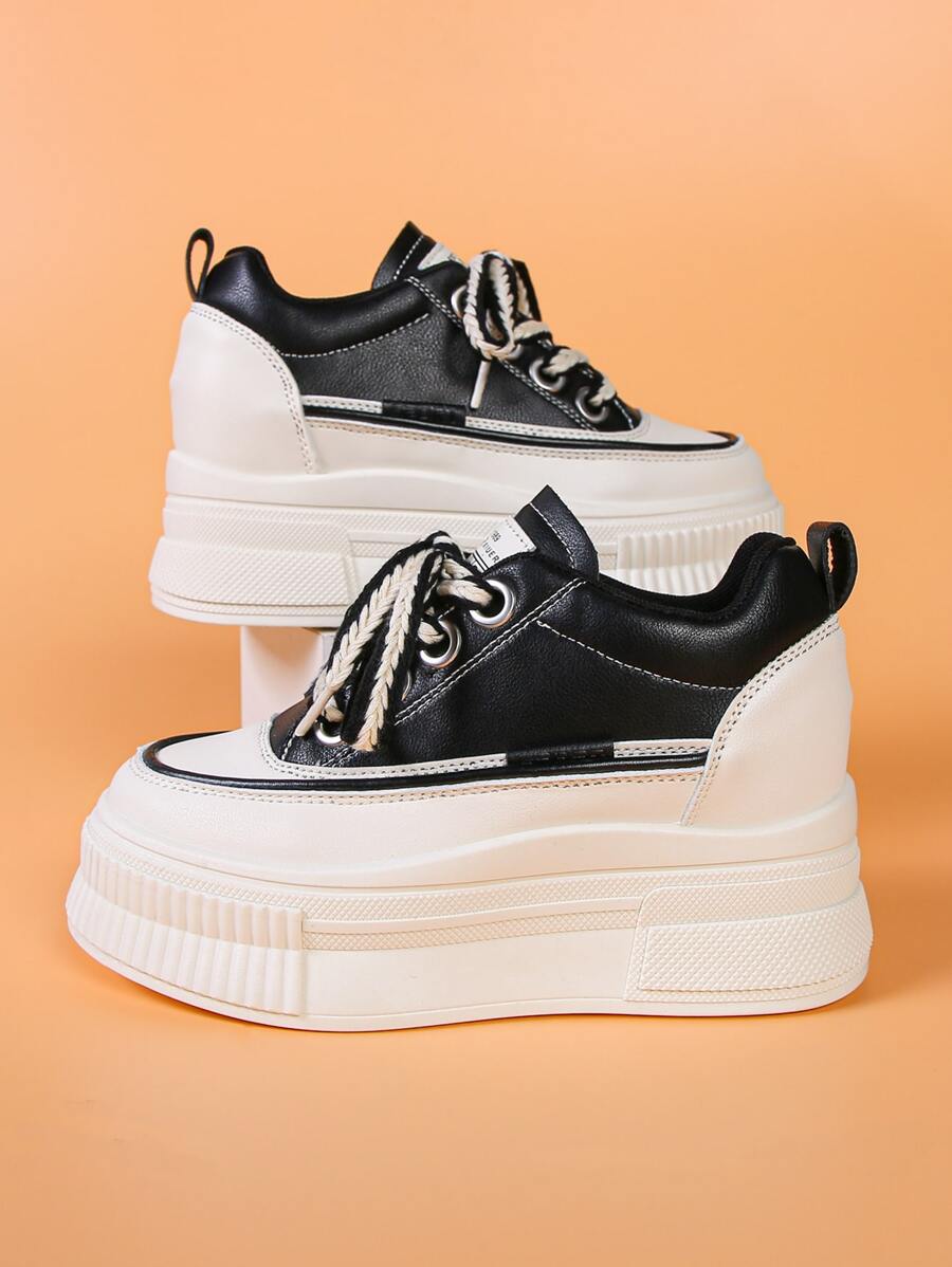 Two Tone Lace-up Front Wedge Sneakers - Black - View 1