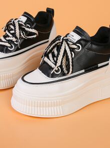 Two Tone Lace-up Front Wedge Sneakers - Black - View 4