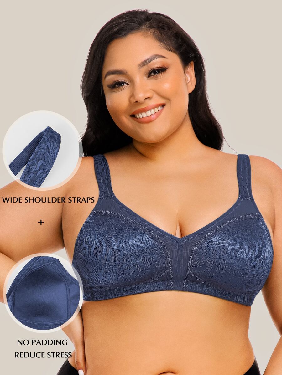 Wingslove Plus Jacquard Wireless Minimizer Bralet - Navy Blue - View 1