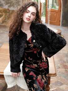 Abrigo con diseño de solapa de peluche - Negro - Ver 1