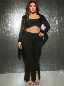 SHEIN SXY Plus Rhinestone Decor Split Hem Trousers - Black - View 4