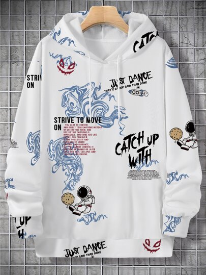 Guys Slogan & Cartoon Graphic Drawstring Hoodie