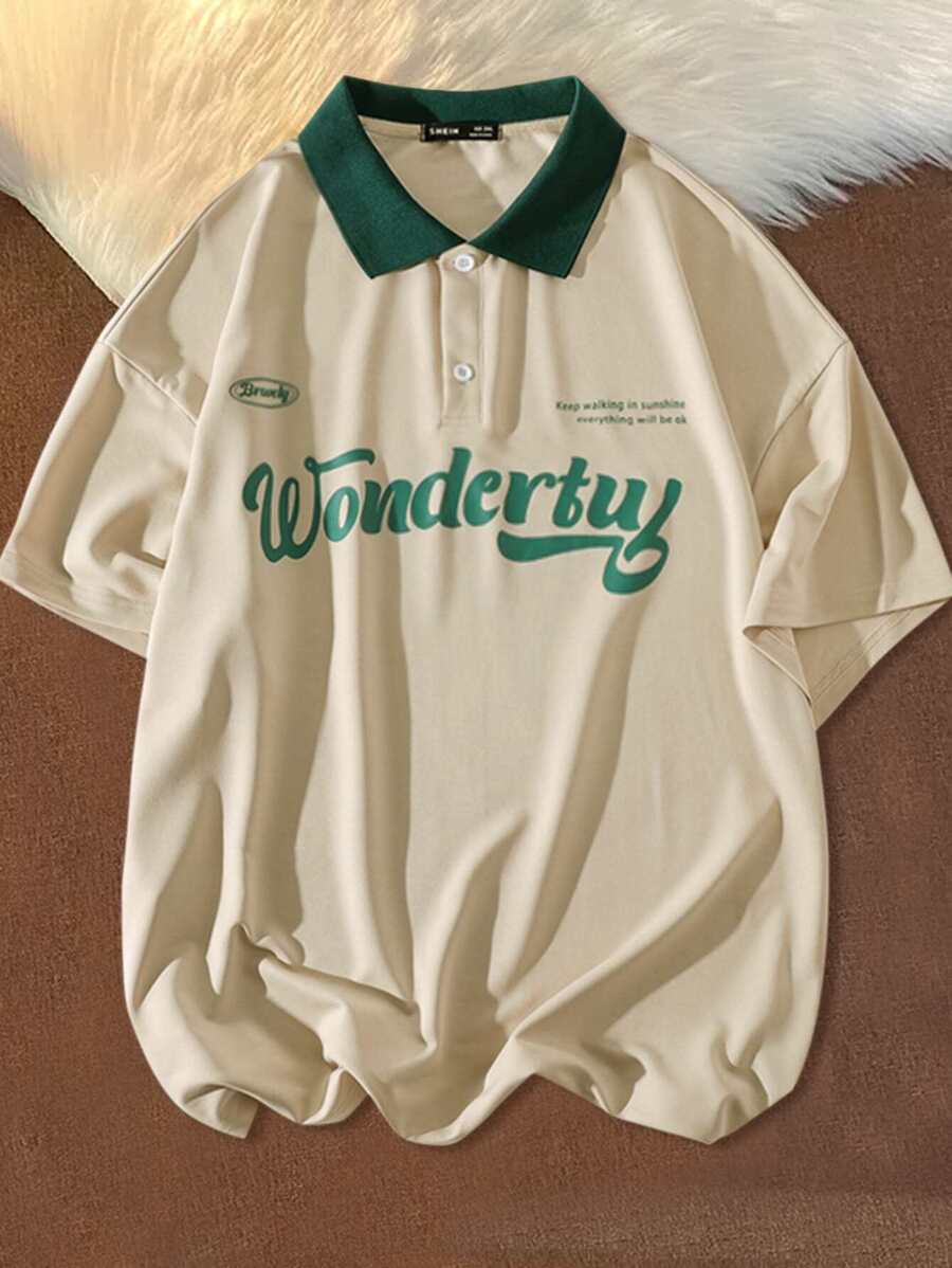 Aesthetic Post--Men Plus Size Slogan Print Polo Shirt Letter Color Block Cream Color Casual Polo Shirt - Apricot - View 1