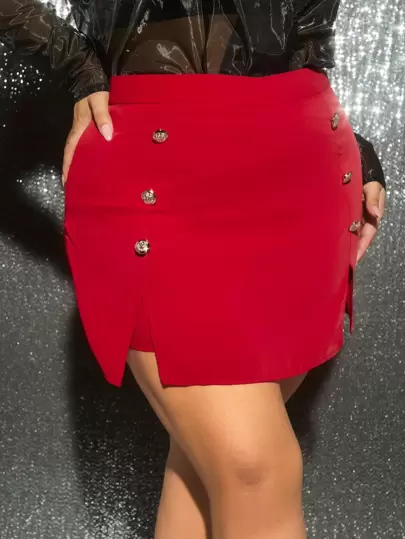 SHEIN SXY 大碼紐扣細節下擺開叉裙裤