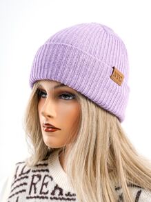1pc Unisex Knitted Beanie Hat With Letter Label For Winter Riding And Warmth - Purple - View 1