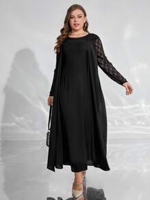 Modelyn 大碼素色蕾絲拼接洋裝 - 藏蓝色 - 查看 1