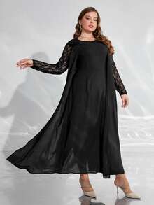 Modelyn 大碼素色蕾絲拼接洋裝 - 藏蓝色 - 查看 3