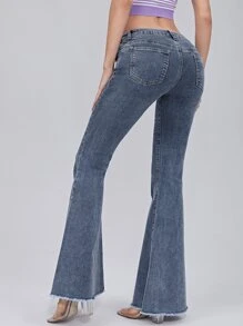 SHEIN ICON Zipper Fly Raw Hem Flare Leg Jeans - Dark Wash - View 2