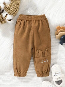 Baby Boy Cartoon Embroidery 3D Ear Design Corduroy Trousers - Brown - View 3