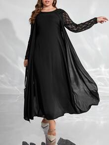 Modelyn 大碼素色蕾絲拼接洋裝 - 藏蓝色 - 查看 4