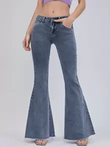 SHEIN ICON Zipper Fly Raw Hem Flare Leg Jeans - Dark Wash - View 3
