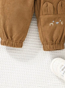 Baby Boy Cartoon Embroidery 3D Ear Design Corduroy Trousers - Brown - View 6