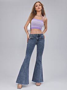 SHEIN ICON Zipper Fly Raw Hem Flare Leg Jeans - Dark Wash - View 5