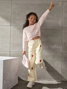 SHEIN Cô gái Tween Lỏng lẻo phù hợp quần ống rộng Dâu tây In Quần - Màu be - Xem 5