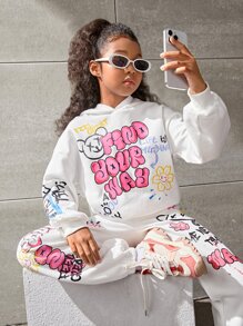 SHEIN Ragazza Tween Felpa termica con cappuccio con grafica slogan e fumetto spalle cadenti