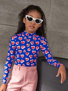 SHEIN Girls Heart Print Mock Neck Tee - متعدد الألوان - مشاهدة 2