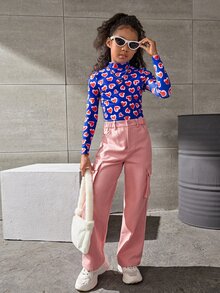 SHEIN Girls Heart Print Mock Neck Tee - متعدد الألوان - مشاهدة 4