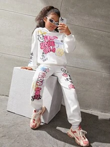 SHEIN Ragazza Tween Felpa termica con cappuccio con grafica slogan e fumetto spalle cadenti