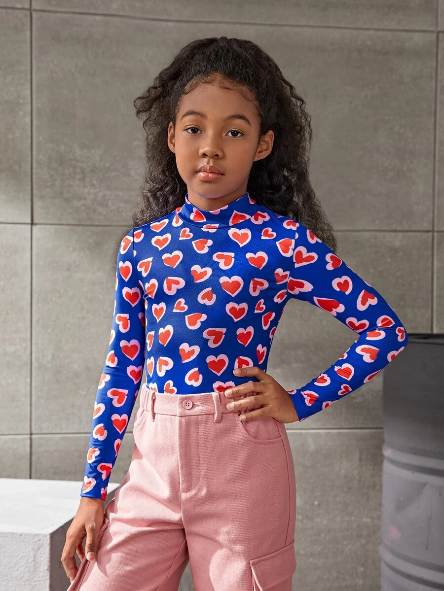 SHEIN Girls Heart Print Mock Neck Tee - متعدد الألوان - مشاهدة 1