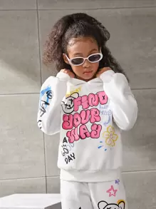 SHEIN Ragazza Tween Felpa termica con cappuccio con grafica slogan e fumetto spalle cadenti