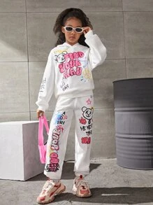 SHEIN Ragazza Tween Felpa termica con cappuccio con grafica slogan e fumetto spalle cadenti
