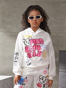 SHEIN Ragazza Tween Felpa termica con cappuccio con grafica slogan e fumetto spalle cadenti