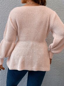 Calvaya Áo len chui đầu màu trơn thường ngày cỡ lớn cho nữ màu hồng cổ tròn xếp ly eo loe viền, thu đông - Màu Hồng  San hô - Xem 5