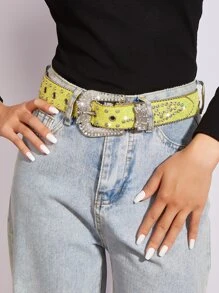 Cinturón con diseño de diamante de imitación con hebilla geométrica - Amarillo - Ver 1