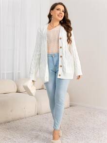 Plus Cable Knit Button Front Cardigan, For Winter - White - View 6