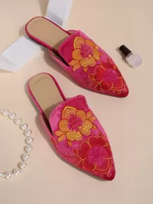 Floral Embroidery Velvet Flat Mules - Hot Pink - View 1
