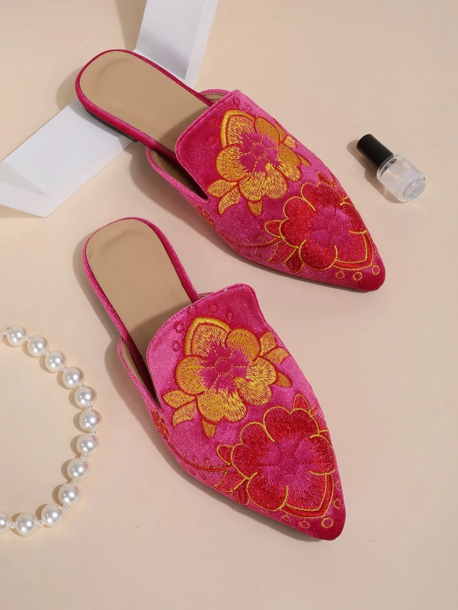 Floral Embroidery Velvet Flat Mules - Hot Pink - View 1