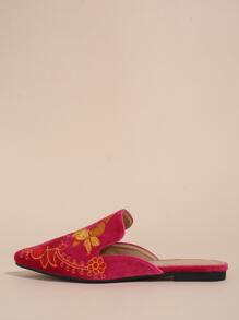 Floral Embroidery Velvet Flat Mules - Hot Pink - View 2