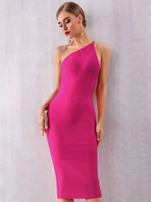 螢光紅單肩緊身連衣裙 - 玫紅色 - 查看 3