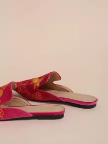 Floral Embroidery Velvet Flat Mules - Hot Pink - View 4
