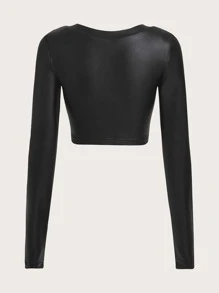 SHEIN ICON Solid PU Leather Crop Top - Black - View 2