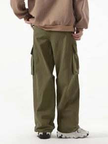 ROMWE MEN ROMWE UNISEX Men 1pc Drawstring Waist Cargo Baggy Pants, School - Army Green - View 2