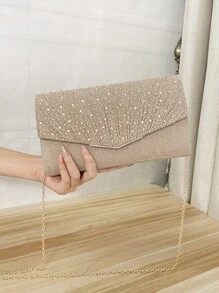 SIIZA Glamorous Glitter Bling, Sequin, Luxury, Shiny Glitter Rhinestone Decor Pleated Detail Flap Square Bag Evening Bag, Dinner Bag Faux Pearl, Rhinestone For Party Girl, Woman, Bride Perfect For Party, Wedding, Prom, Dinner/Banquet, For