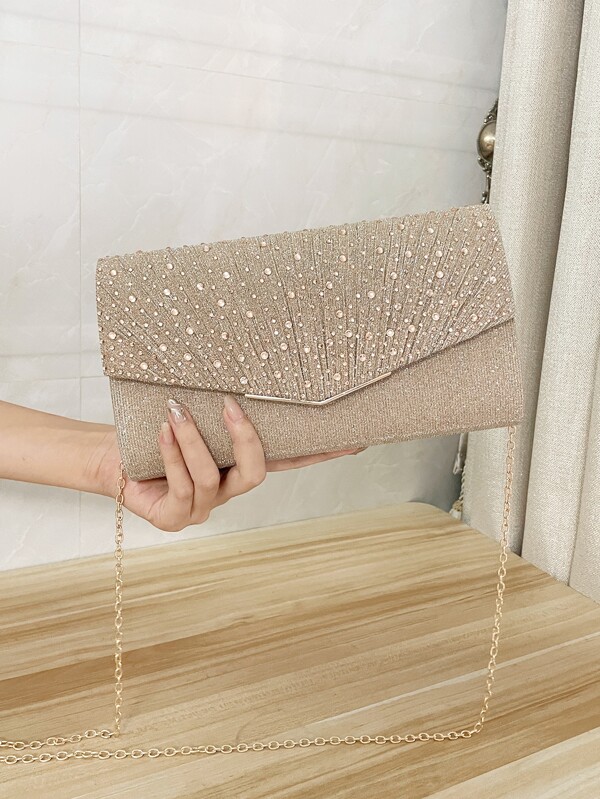SIIZA Glamorous Glitter Bling, Sequin, Luxury, Shiny Glitter Rhinestone Decor Pleated Detail Flap Square Bag Evening Bag, Dinner Bag Faux Pearl, Rhinestone For Party Girl, Woman, Bride Perfect For Party, Wedding, Prom, Dinner/Banquet, For